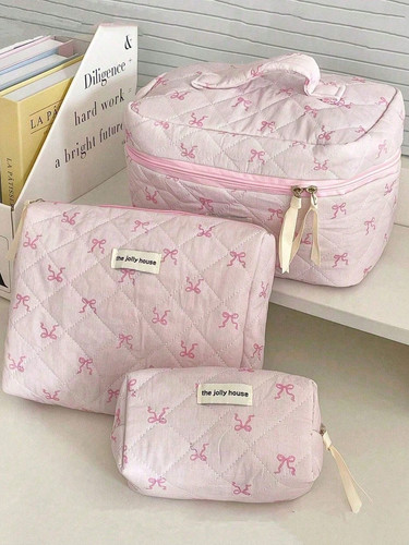 3pcs pink bow makeup bag - pink, set